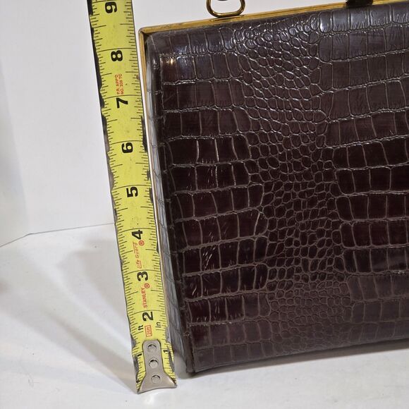 Vtg 50's Womens Handbag Faux Crocodile Embossed Satchel Gold Clasp Top Handle - Picture 9 of 12